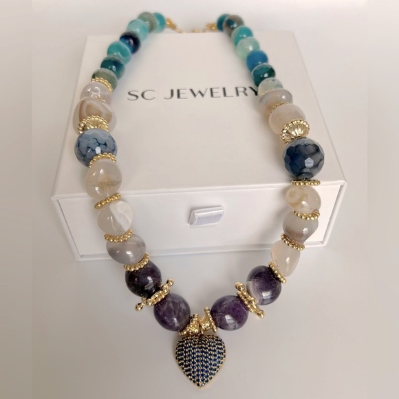 Gemstone Necklace with Mini Heart Handcrafted Agate Stone Necklace - Picture 3 of 8